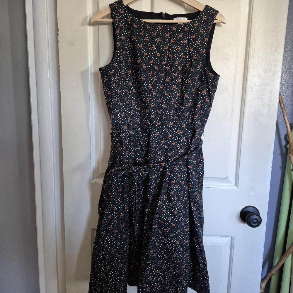 LL Bean Signature Sleeveless Black Midi Tie-Waist Dress